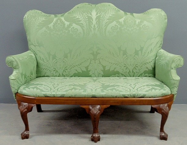 Green damask settee with shell carved mahogany knees an: Green damask settee with shell carved mahogany knees and drake feet. 46.5”h.x62”l.x27.5”d., seat 18”h.
