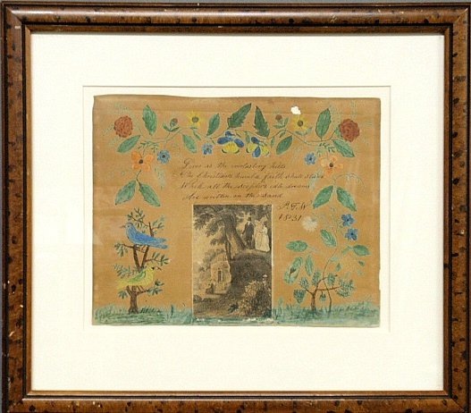 Pennsylvania German watercolor poem/fraktur dated 1831,: Pennsylvania German watercolor poem/fraktur dated 1831, with text, hand-drawn birds, vines, leaves and flowers. 8”x10”