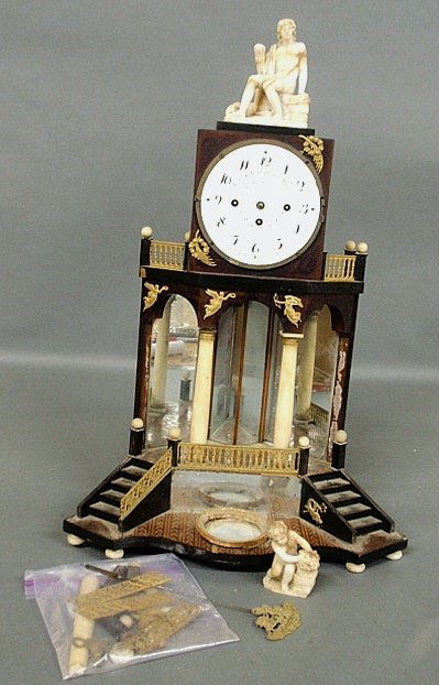 Austrian Empire portico mantel clock with brass mounts,: Austrian Empire portico mantel clock with brass mounts, alabaster statue finial, gilt mounts and signed “Joseph Winterle in Wien”. As found. 26”h.x17”w.