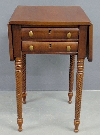 Late Sheraton mahogany two-drawer end table with drop l: Late Sheraton mahogany two-drawer end table with drop leaves and spiral turned legs. 29”h.x17.5”.x17”, each leaf 8.75”