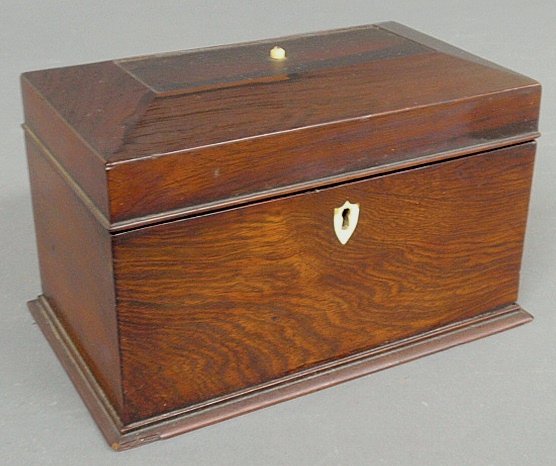 Sarcophagus form Georgian mahogany tea caddy, c.1790, w: Sarcophagus form Georgian mahogany tea caddy, c.1790, with an ivory escutcheon. 6”h.x8.5”w.