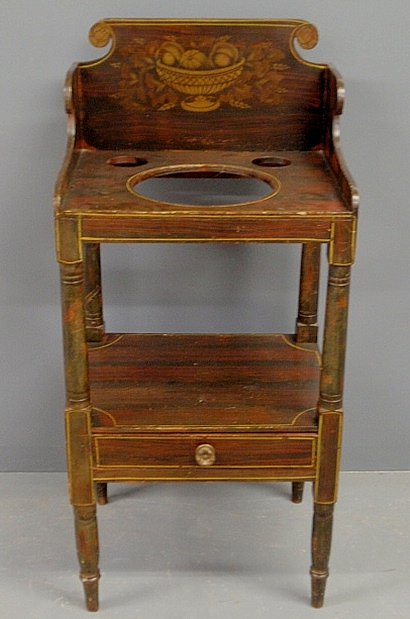 New England Sheraton paint decorated washstand with a s: New England Sheraton paint decorated washstand with a stenciled back and a single drawer. 38.5”h.x18”w.x15”d.