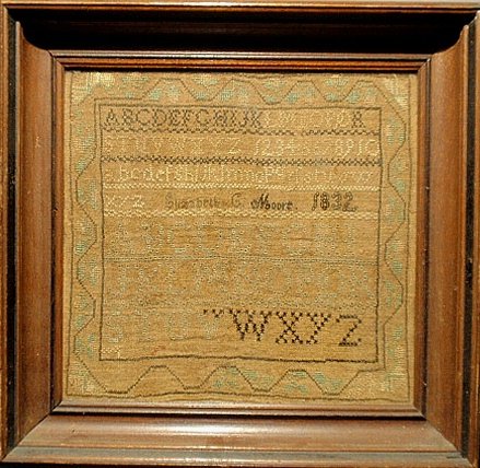 Silk on linen sampler wrought by Elizabeth G. Moore, 18: Silk on linen sampler wrought by Elizabeth G. Moore, 1832, with ABC’s and strawberry border. 10.5”x11.5”