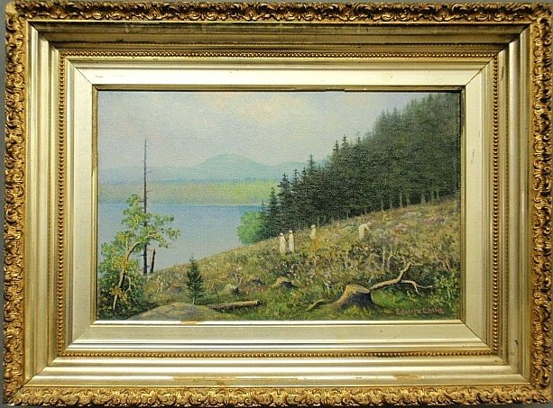 Oil on canvas spring landscape painting of Blue Hill, M: Oil on canvas spring landscape painting of Blue Hill, Maine, signed l.r. “Edward Lathe”. 11.5”x18”