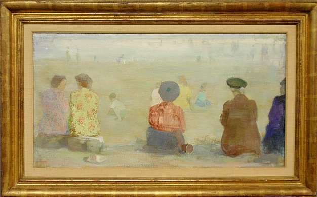 Carr, Tom [United Kingdom, 1909-1999] oil on canvas of: Carr, Tom [United Kingdom, 1909-1999] oil on canvas of women sitting on a beach titled verso “Beach Scene-Dundrum Bay”, signed l.r. “T. Carr” and also verso “Thomas Carr, 5A Malone Hill Park