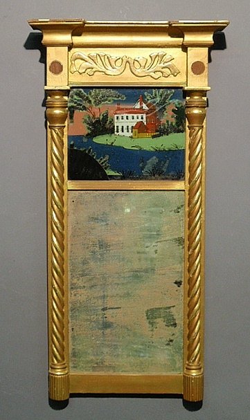 Gilt decorated Sheraton mirror, 19th c. As found. 33.25: Gilt decorated Sheraton mirror, 19th c. As found. 33.25”h.x17”w.