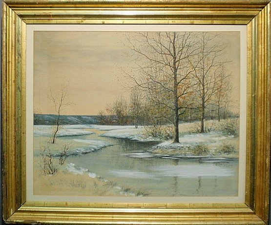 Senseman, Raphael [American/New Jersey, 1870-1965] goua: Senseman, Raphael [American/New Jersey, 1870-1965] gouache of a winter landscape with stream signed l.r. “Raphael S.”. 25”x31.5”