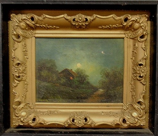 Oil on canvas landscape painting of a moonlit cabin, si: Oil on canvas landscape painting of a moonlit cabin, signed l.l. “W. Walker”. 8.5”x11.5”