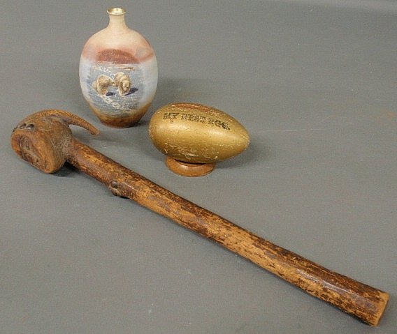 Misc. grouping TI a wooden bank “My Nest Egg” 3”h., Afr: Misc. grouping TI a wooden bank “My Nest Egg” 3”h., African war club 18”l., Royal Bayreuth vase with polar bear decoration.