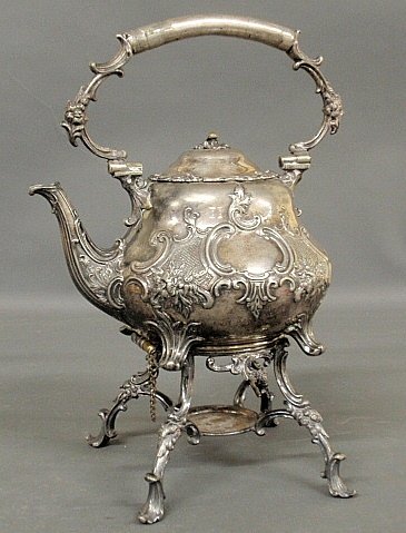 Ornate Sheffield silverplate kettle-on-stand, 19th c. 1: Ornate Sheffield silverplate kettle-on-stand, 19th c. 15”h.