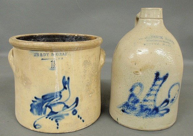 Stoneware crock with blue bird decoration, Brady & Craf: Stoneware crock with blue bird decoration, Brady & Craft, Ellenville, NY 8.25”h., and a two-gallon stoneware jug with blue decoration, E.A. Buck & Co., 14 Blackstone St., Boston, Mass, 11.5”h.