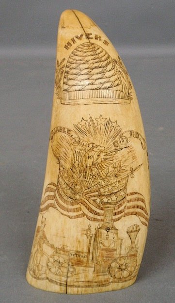 Rare finely detailed large scrimshaw whales tooth, 19th: Rare finely detailed large scrimshaw whales tooth, 19th c., “hivers- Old Reliable” with American eagle, flag and “Goodwill” steam fire engine pumper. 7.5”h.x3”w.