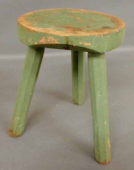 Primitive maple milking stool with green paint decorati: Primitive maple milking stool with green paint decoration. 14.5”h.x11”dia.