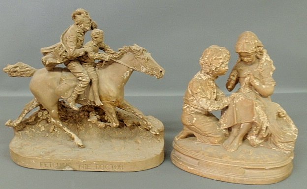 Two plaster Rogers figural groups- “Fetching the Doctor: Two plaster Rogers figural groups- “Fetching the Doctor” 16”h.x18”l.x7”d. and “First Love” 14”h.x12”w. As found.