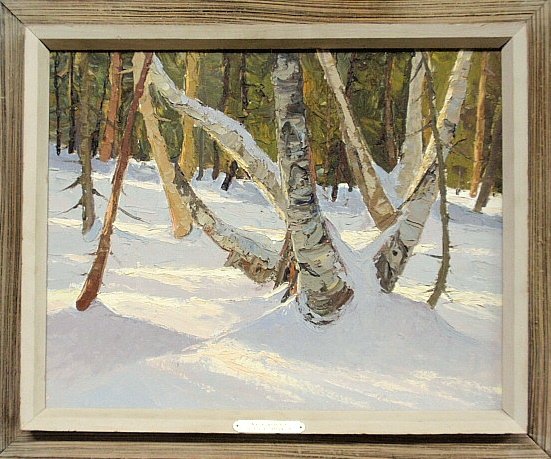Carpenter, George R. [American/Maine, 1928-2006] oil on: Carpenter, George R. [American/Maine, 1928-2006] oil on board winter landscape painting titled verso “Birches in the Snow, George Carpenter”, signed l.r. “Carpenter”. 15.5”x19.5”