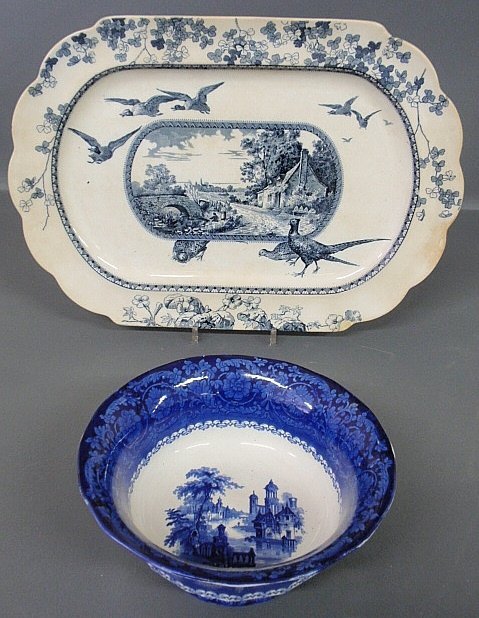 Large English ironstone platter with blue transfer deco: Large English ironstone platter with blue transfer decoration of pheasants and ducks 21”x15” and a blue decorated bowl, late 19th c. 10.5”dia.