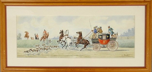 Rosenbaum, Richard [American, b.1864] framed and matted: Rosenbaum, Richard [American, b.1864] framed and matted watercolor painting of a four-in-hand coach startled by an oncoming foxhunting field, signed l.r. “R. Rosenbaum”. 10.5”x29”