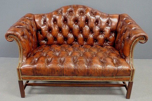 Vintage Chippendale style tufted leather loveseat with : Vintage Chippendale style tufted leather loveseat with brass stud decoration. 35”h.x54”w.x25”d., seat 17”h.