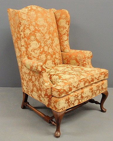 New England Queen Anne style mahogany wing chair by Kit: New England Queen Anne style mahogany wing chair by Kittinger. 43”h.x42”w.x33”d., seat 19”h.
