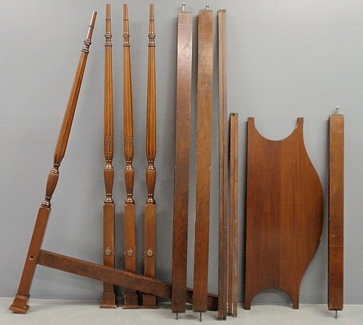 Chippendale style inlaid mahogany four-poster bed with : Chippendale style inlaid mahogany four-poster bed with reeded posts and wheat carvings. Posts 80.5”h., rails 75.5”l., headboard 51.75”