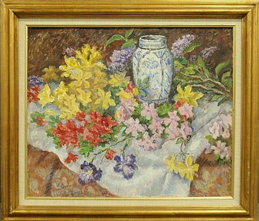 Oppler, Ernst [German, 1867-1929] oil on masonite still: Oppler, Ernst [German, 1867-1929] oil on masonite still life painting of a vase of flowers, signed l.l. “E. Oppler”. 19.5”x23.5”