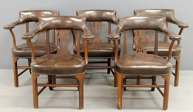 Set of five Kittinger mahogany club chairs with faux le: Set of five Kittinger mahogany club chairs with faux leather upholstery. 34.5”h.x29”w.x21”d., seats 19”h.