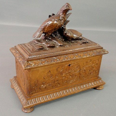Black Forest storage box with carved quail lid, late 19: Black Forest storage box with carved quail lid, late 19th c. 10.5”h.x10.5”w.x5.5”d.