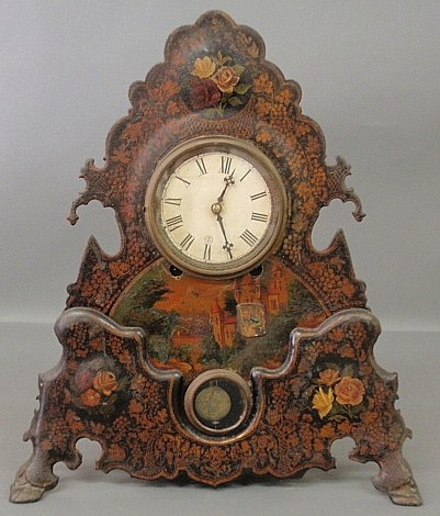 Victorian paint decorated metal mantel clock with hoof : Victorian paint decorated metal mantel clock with hoof feet. 19.75”h.x17”w.
