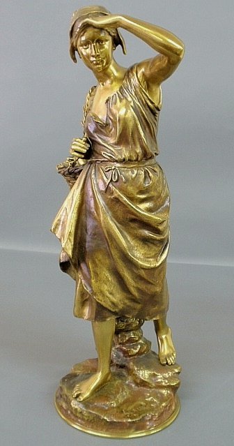 Laurent, Eugene [1832-1898] bronze figure of a fisherwo: Laurent, Eugene [1832-1898] bronze figure of a fisherwoman carrying a basket of lobsters, signed “E. Laurent”. 24”h.x11”w.