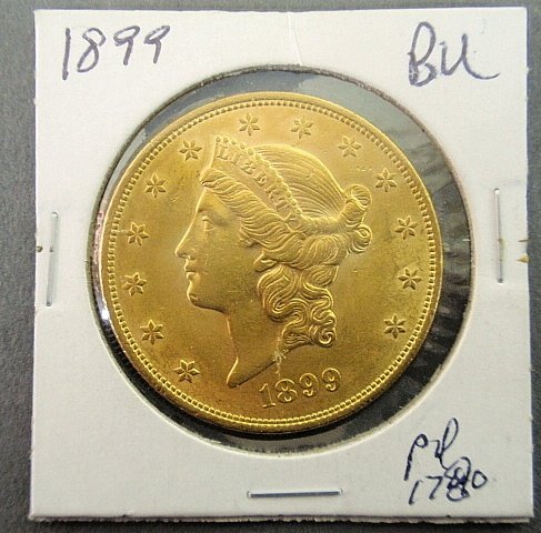 1899 Liberty Double Eagle $20.00 gold coin. BU: 1899 Liberty Double Eagle $20.00 gold coin. BU