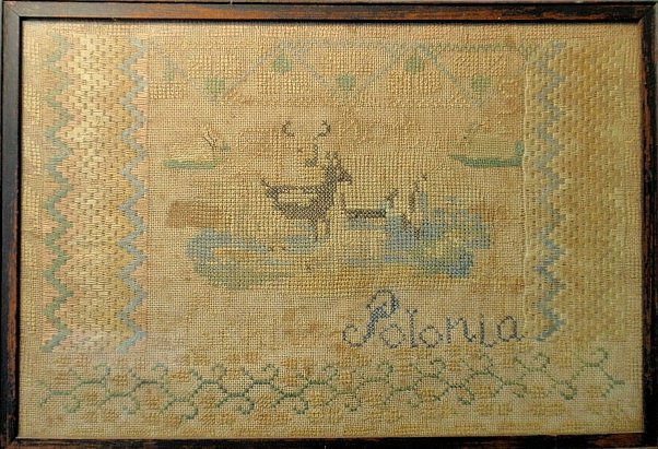 Silk on linen sampler,19thc., “Polonia” and deer.: Silk on linen sampler,19thc., “Polonia” and deer. 11”x16.5”