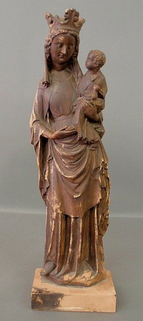 Plaster terracotta style statue of the Virgin Mary and: Plaster terracotta style statue of the Virgin Mary and Child, with Him holding a bird. 27.5”h.x8”w.x5.25”d.
