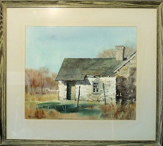 Bye, Ranulph (De Bayeaux) [American, 1916-2003] framed: Bye, Ranulph (De Bayeaux) [American, 1916-2003] framed and matted watercolor painting of an 18th c. stone building, signed l.l. “Ranulph Bye”. 14”x16.5”