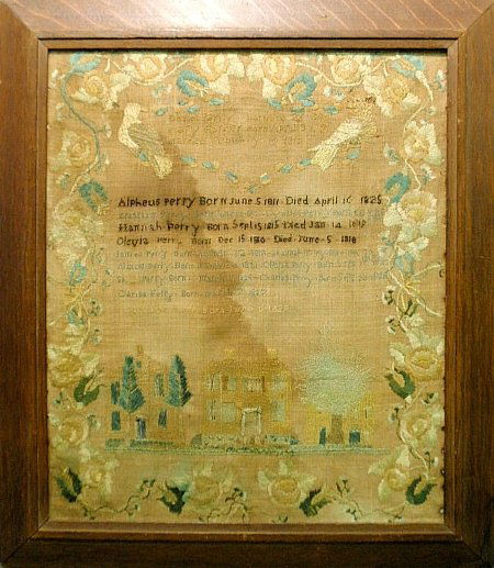American silk on linen family record sampler, Perry: American silk on linen family record sampler, Perry Family, 1825, with house, birds and floral border. 20.5”x17.25”