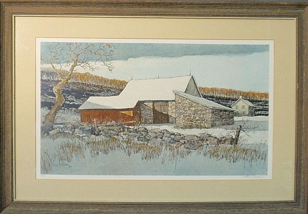 Framed and matted limited edition print of a winter: Framed and matted limited edition print of a winter barn scene signed l.r. “Eric Sloane”, 472/490. 16.5”x28”
