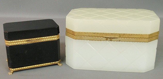 Two French glass boxes with fire gilt trim and: Two French glass boxes with fire gilt trim and fittings, largest 5.5”h.x9”w.x5.5”d.