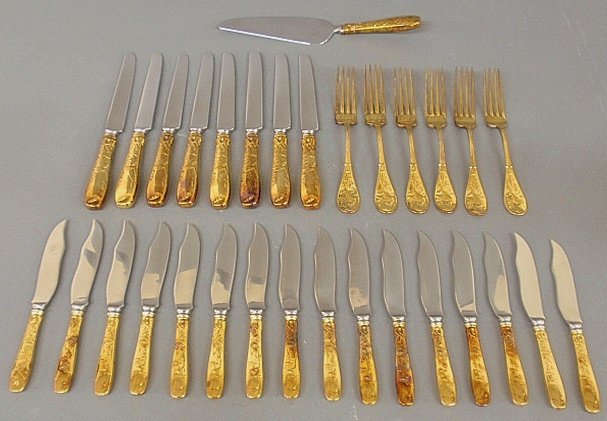 Tiffany & Co. sterling silver with gold wash flatware: Tiffany & Co. sterling silver with gold wash flatware “Audubon” pattern TI: 6 dinner forks, 8 dinner knives, 16 dessert knives and one cake knife