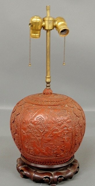 Asian cinnabar table lamp. 22”h. oa.x9”dia.: Asian cinnabar table lamp. 22”h. oa.x9”dia.