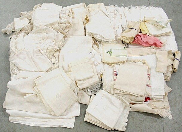 Group of misc. table linens TI tablecloths, some: Group of misc. table linens TI tablecloths, some damask, napkins, runners, placemats, bedspread, etc. Some as found.