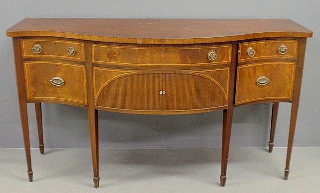 Hepplewhite style inlaid mahogany sideboard by Charak: Hepplewhite style inlaid mahogany sideboard by Charak Furniture Co., Boston, Mass. 37.5”h.x66.5”l.x24”d.