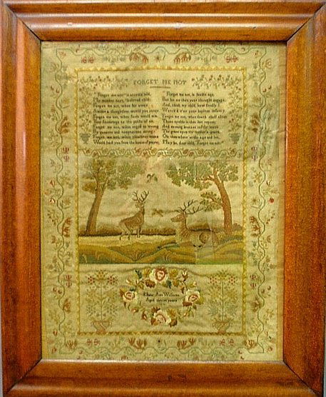 Silk on linen sampler wrought by Mary Ann Williams, Age: Silk on linen sampler wrought by Mary Ann Williams, Age 11, 1838, with potted flowers, deer and verse and mounted in a bird’s-eye maple frame. 22.5”x17”