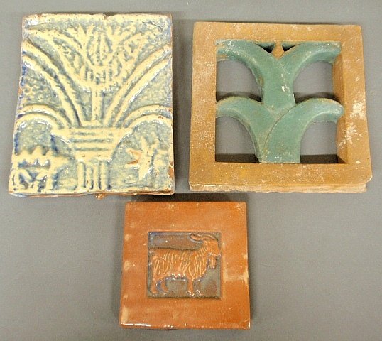 Group of three tiles- Mercer goat 4”x4”, tulip tile: Group of three tiles- Mercer goat 4”x4”, tulip tile signed “Moravian” 7”x5.5”, and a corn stalk tile.