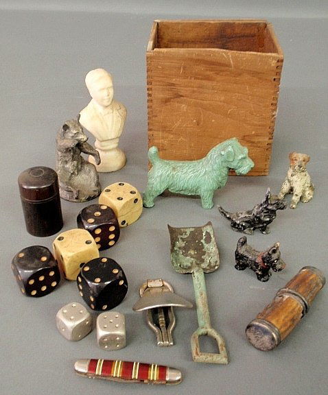 Group of small animal figures, etc. TI 3 painted metal: Group of small animal figures, etc. TI 3 painted metal Scotties, a bear, another dog, set of dice, corkscrew, etc.