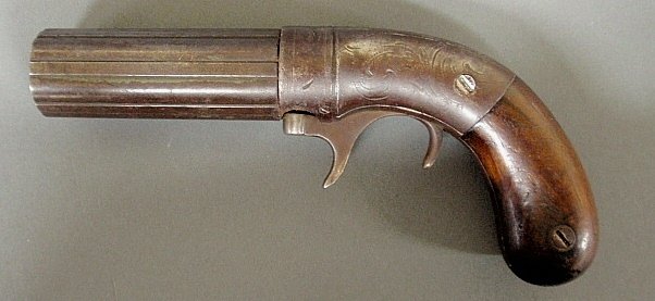 Signed Bacon & Co., Norwich, Ct. under-hammer pepperbox: Signed Bacon & Co., Norwich, Ct. under-hammer pepperbox pistol, 1851-1875, probably 31 caliber. 8”l.