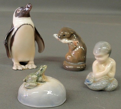 Three small Royal Copenhagen figures- frog, mermaid,: Three small Royal Copenhagen figures- frog, mermaid, otter 2”h., and a B & G penguin 3”h.