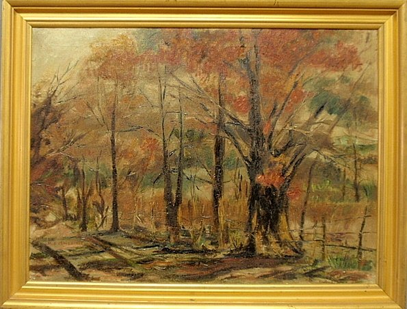 Clinedinst, May Spear [American, 1887-1960] oil on: Clinedinst, May Spear [American, 1887-1960] oil on canvas painting titled verso on stretcher "Fall Colors" with note verso "West Gloucester, Mass….", signed l.l. "M.S. Clinedinst". 20"x27"