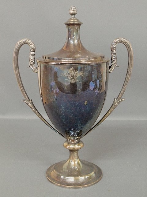 Large Sheffield silverplate loving cup with cover and: Large Sheffield silverplate loving cup with cover and engraved armorial crest. 20"h.x13"w.