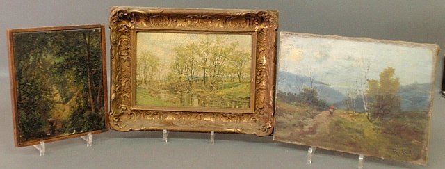 Two small oil landscape paintings, smallest, a forest: Two small oil landscape paintings, smallest, a forest landscape signed "E.D. Lofton(?)", an unframed mountain-view landscape signed "R. Bull" and a print of a painting by Olive Black titled "Spring", 