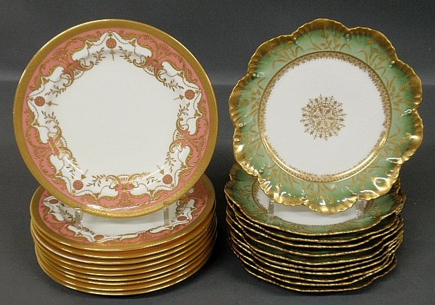 Set of ten Minton plates 9"dia. with pink and gilt: Set of ten Minton plates 9"dia. with pink and gilt decoration, and eleven Limoges plates 8.75" with green and gilt decoration.