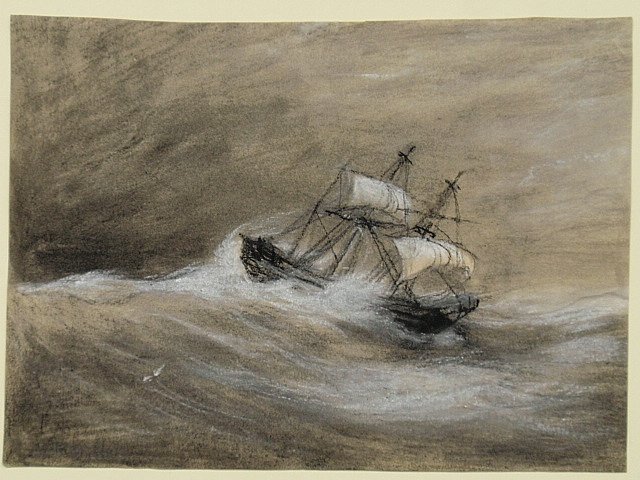 Bonfield, George Robert [American, 1805-1898] unframed: Bonfield, George Robert [American, 1805-1898] unframed charcoal sketch of a sailing ship in rough seas, signed l.l. "G. R. Bonfield". 9"x12"